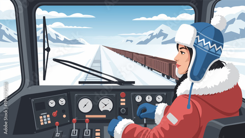Vector illustration of a woman driving a train through a snowy landscape