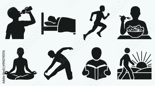 Healthy Habits Vectors Icon Set – Lifestyle Illustrations Featuring Drinking Water, Sleeping, Running, Eating Salad, Meditating, Stretching, Relaxing, and Walking Outdoors in Silhouette Style