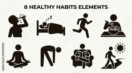 Healthy Habits Vectors Icon Set – Lifestyle Illustrations Featuring Drinking Water, Sleeping, Running, Eating Salad, Meditating, Stretching, Relaxing, and Walking Outdoors in Silhouette Style