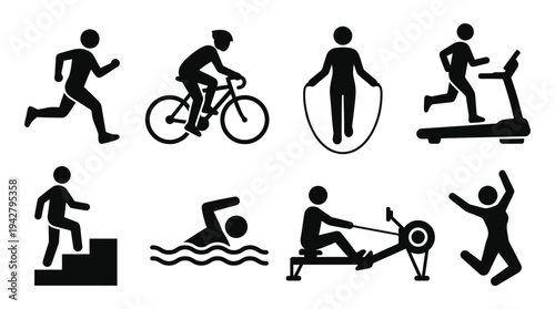 Fitness Activities Vectors Icon Set – Cardio Workout Illustrations Featuring Running, Cycling, Jump Rope, Treadmill, Stair Climber, Swimming, Rowing, and Jumping in Silhouette Style
