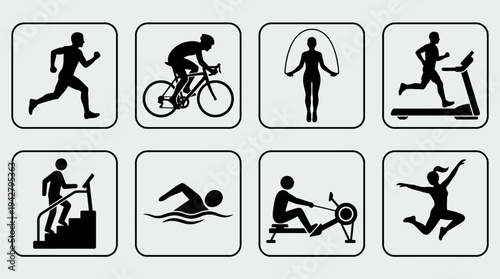 Fitness Activities Vectors Icon Set – Cardio Workout Illustrations Featuring Running, Cycling, Jump Rope, Treadmill, Stair Climber, Swimming, Rowing, and Jumping in Silhouette Style