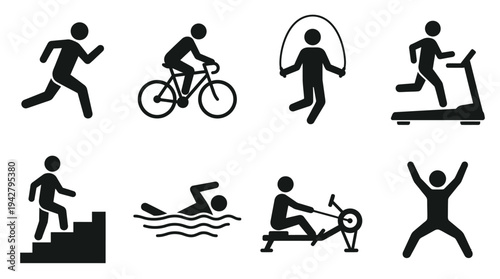 Fitness Activities Vectors Icon Set – Cardio Workout Illustrations Featuring Running, Cycling, Jump Rope, Treadmill, Stair Climber, Swimming, Rowing, and Jumping in Silhouette Style