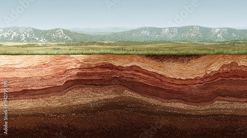 Cross-section of layered soil profile beneath a grassy landscape with mountains in the background