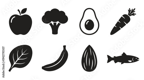 Healthy Food Vectors Icon Set – Nutrition Illustrations Featuring Apple, Broccoli, Avocado, Carrot, Spinach Leaf, Banana, Seed, and Fish in Bold Silhouette Style