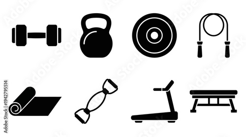 Fitness Equipment Vectors Icon Set – Gym Gear Illustrations Featuring Dumbbell, Kettlebell, Weight Plate, Jump Rope, Yoga Mat, Resistance Band, Treadmill, and Workout Bench