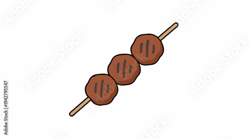 Three Grilled Meatballs on a Wooden Skewer with Dark Grill Marks on a White Background