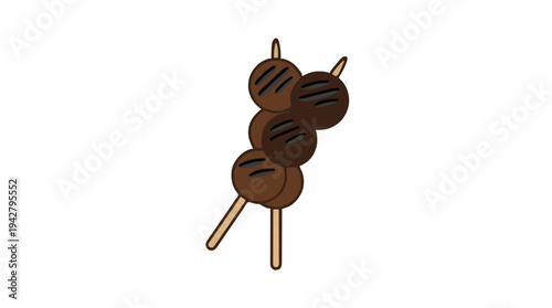 Three Grilled Meatballs on Wooden Skewers White Background Simple Illustration