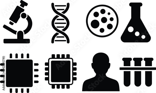 Science and Technology Icons Set with Microscope DNA Flask and Microchip vector