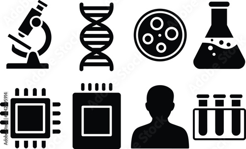 Science Laboratory Icons Set Microscope DNA Flask Chip Human Silhouette vector