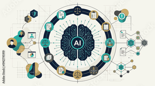AI Governance Framework System with Policy Nodes, Compliance and Ethics Layers for Corporate Artificial Intelligence Management – Vector Illustration