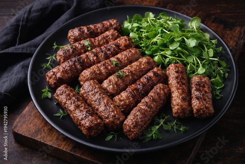 Traditional South European Skinless Sausages Cevapcici on Black Plate with Thyme and Watercress Salad