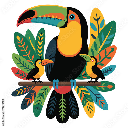Colorful toucan bird family perched on a branch amidst vibrant tropical leaves, flat design illustration