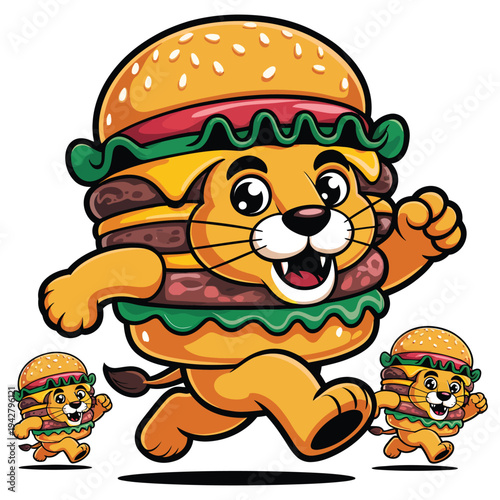 Lion mascot dressed as a hamburger running with smaller burger lions, fun food character concept