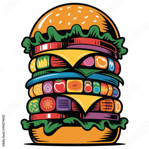 Giant layered hamburger with diverse fillings, presented as a stacked burger art, cartoon style