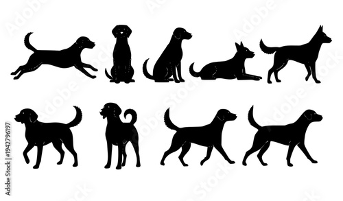 Dog Silhouette Vector Set with Running Sitting and Lying Down Poses