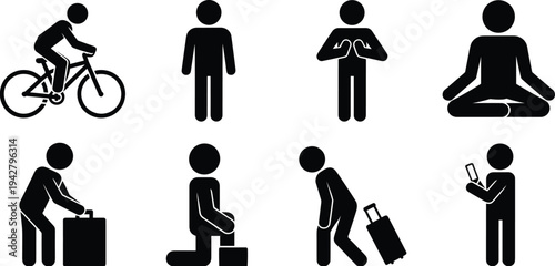 Set of Black Stick Figure Icons Depicting Various Human Activities and Poses person symbol