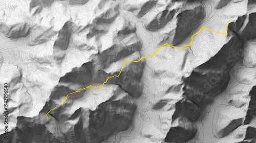 Grayscale map of mountainous terrain with highlighted yellow route