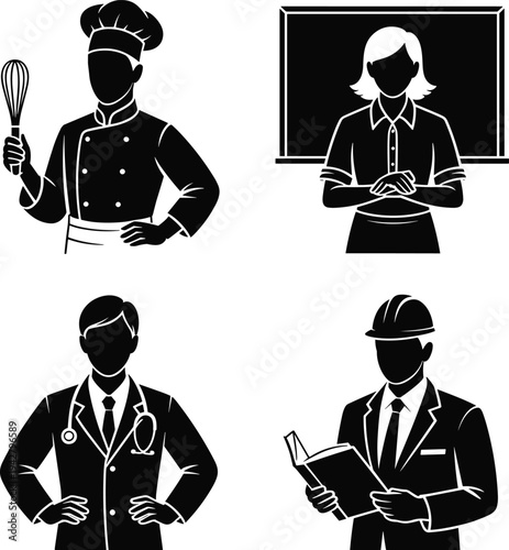 Set of four black silhouette icons representing different professions occupation career