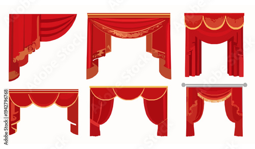 Elegant red silk curtain drapery set decorative theater curtain vector