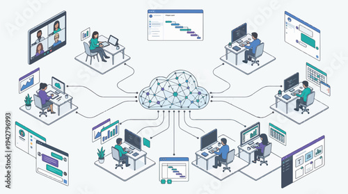 Remote Work Infrastructure with Global Employees Connected to Cloud Collaboration Workspace – Vector Illustration