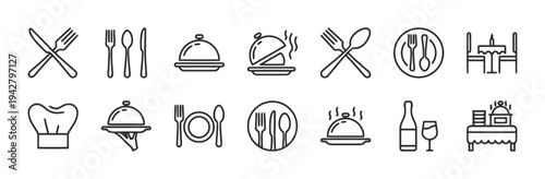 Food and dining icons including cutlery dishes and serving platters