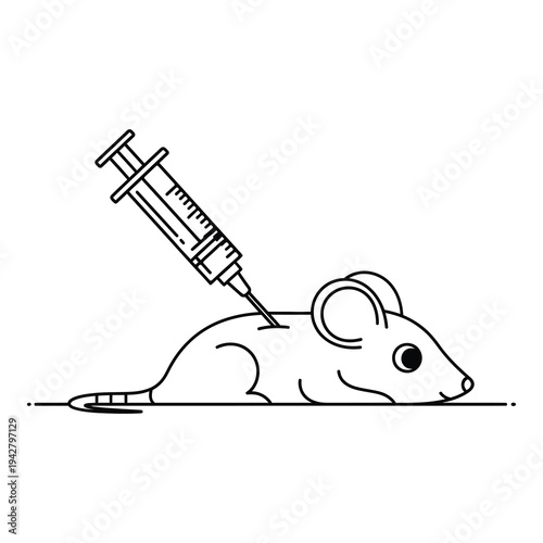 Line drawing of a mouse with a syringe injecting into its back  medical research icon