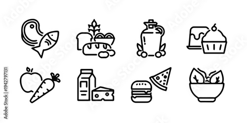 Food groups and nutrition icon collection with healthy diet and grocery items