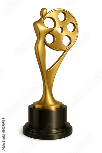 Gold cinema movie award statuette on transparent background