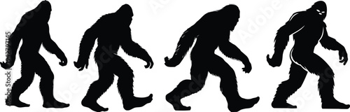 Four Bigfoot or Sasquatch silhouettes in walking poses on white background vector illustrations
