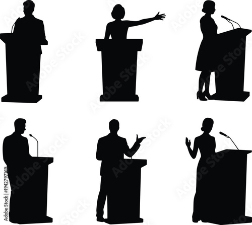 Silhouette Icons Of People Speaking At A Podium On White Background speaker speech