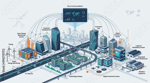 Smart City Business Infrastructure with IoT Sensors, Digital Commerce Systems and Intelligent Urban Transport Network – Vector Illustration