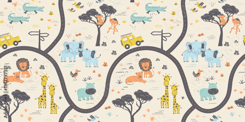 Safari Road Map Seamless Vector Pattern