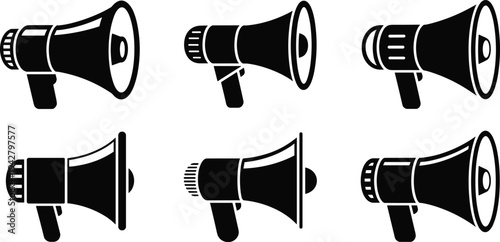 Six Black Megaphone Icons In Two Rows With Subtle Design Differences bullhorn loudspeaker