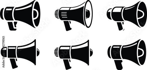 Six Black Silhouette Megaphone Icons With Different Angles And Styles bullhorn announcement