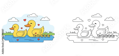 Cute cartoon duck family swimming in pond with ducklings. Colored illustration and black and white outline vector coloring page for kids.
