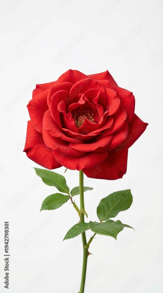Fototapeta premium Rosa roja fresca en plena floración sobre fondo blanco neutro con iluminación de estudio. Imagen elegante y minimalista que simboliza amor, romance y belleza natural.