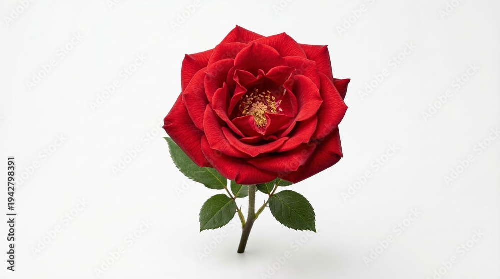 Fototapeta premium Rosa roja fresca en plena floración sobre fondo blanco neutro con iluminación de estudio. Imagen elegante y minimalista que simboliza amor, romance y belleza natural.