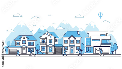 Modern Suburban Neighborhood Thin Line Illustration
