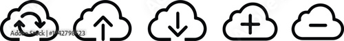 A set of vector line art cloud icons with various symbols for upload and download actions