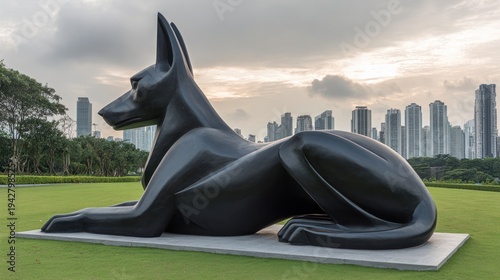 Large, sleek, black dog statue on a concrete base, set in a park with skyscrapers in the background