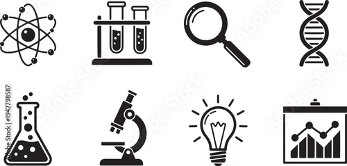 A set of vector line art silhouettes depicting various science and research icons on a white background