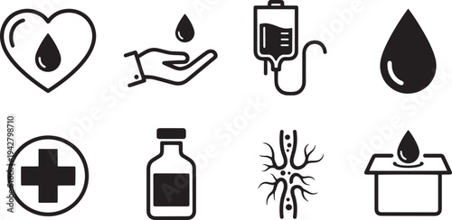 A set of vector line art silhouettes depicting medical and healthcare symbols in a simple bundle