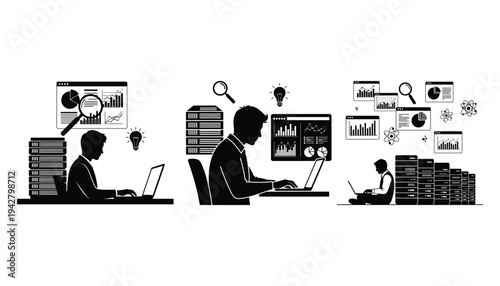 Data Scientist Silhouette Working on Laptop with Charts