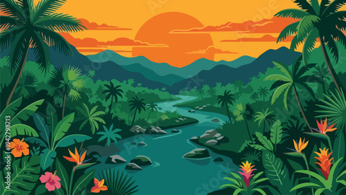 Tropical Mountain Landscape with River at Sunset