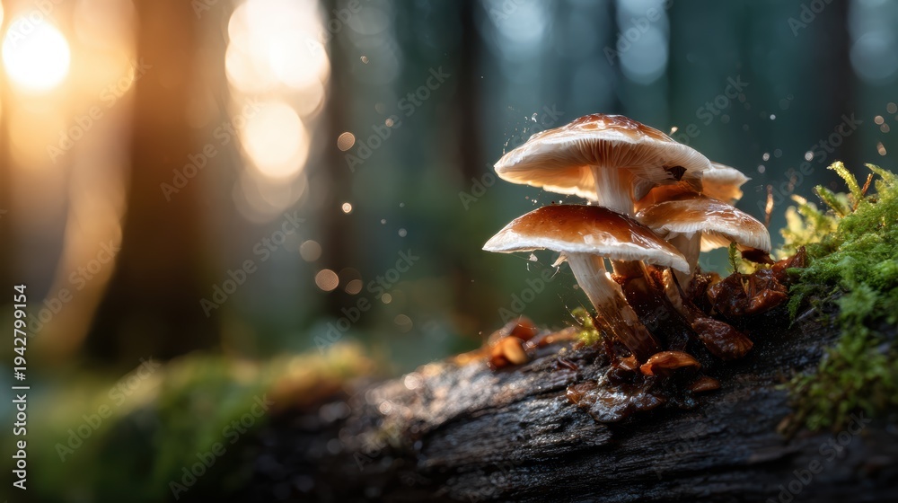 Fototapeta premium Delicate mushrooms thrive on a mossy log in a serene forest setting, bathed in soft sunlight, illustrating the tranquility and beauty of nature's ecosystem and life cycles.