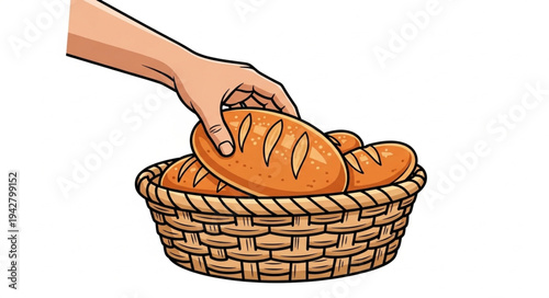 Hand holding bread in wicker basket.