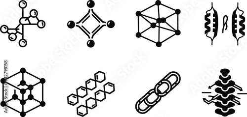 Molecular Structure and Atomic Lattice Icon Set, Vector Symbols for Nanotechnology, Chemical Bonds, DNA Helix, and Materials Science Research for Laboratory and Biotech UI Design