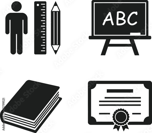 Education icons set with teacher, book, certificate and classroom vector illustration