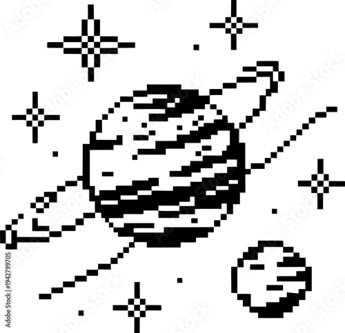 Pixel art of saturn with rings and moon surrounded by stars in space illustration