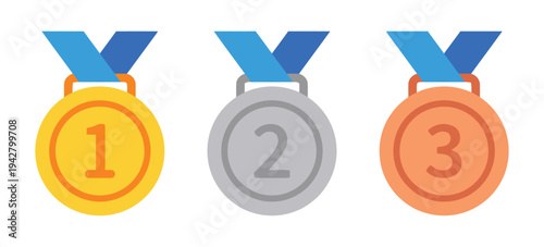 Gold silver and bronze medals with blue ribbons awarded for first second and third place